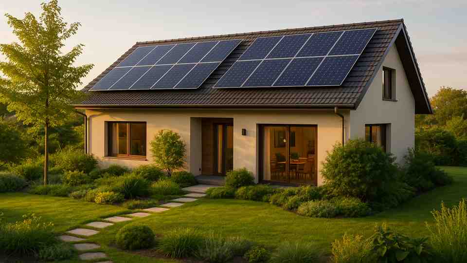 Casa moderna com telhado coberto por painéis solares, cercada por jardim verde e sustentável, iluminada pela luz suave do fim de tarde.