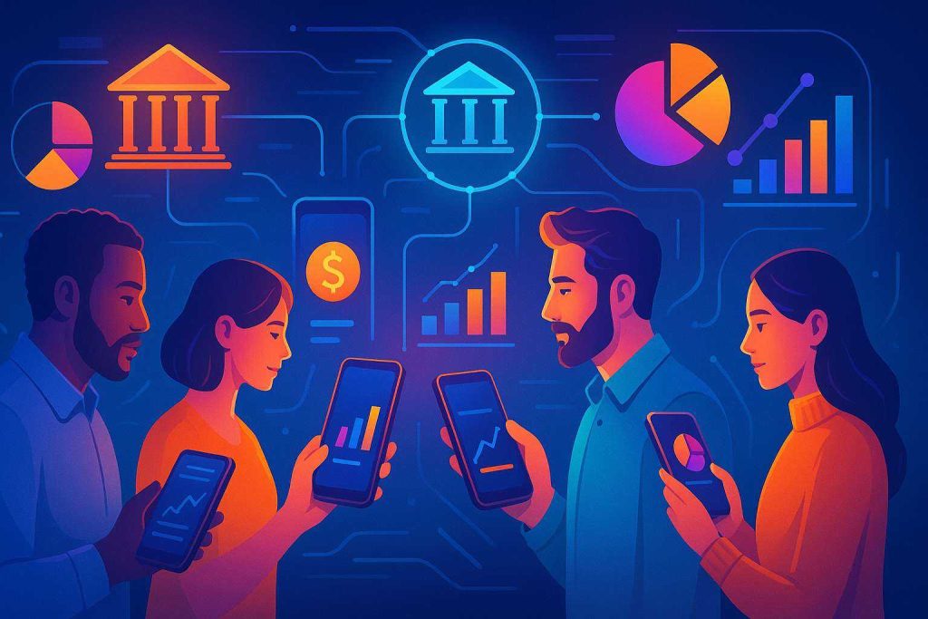 Ilustração futurista em estilo digital mostrando quatro pessoas usando aplicativos financeiros em smartphones, conectados a ícones de bancos e gráficos coloridos, transmitindo inovação e transparência no crédito.