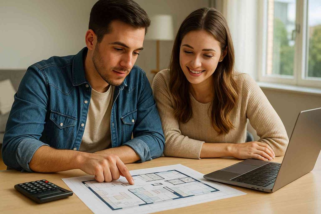 Casal jovem sentado em mesa moderna analisando planta de apartamento, com notebook e calculadora, em ambiente iluminado que transmite esperança e planejamento financeiro.