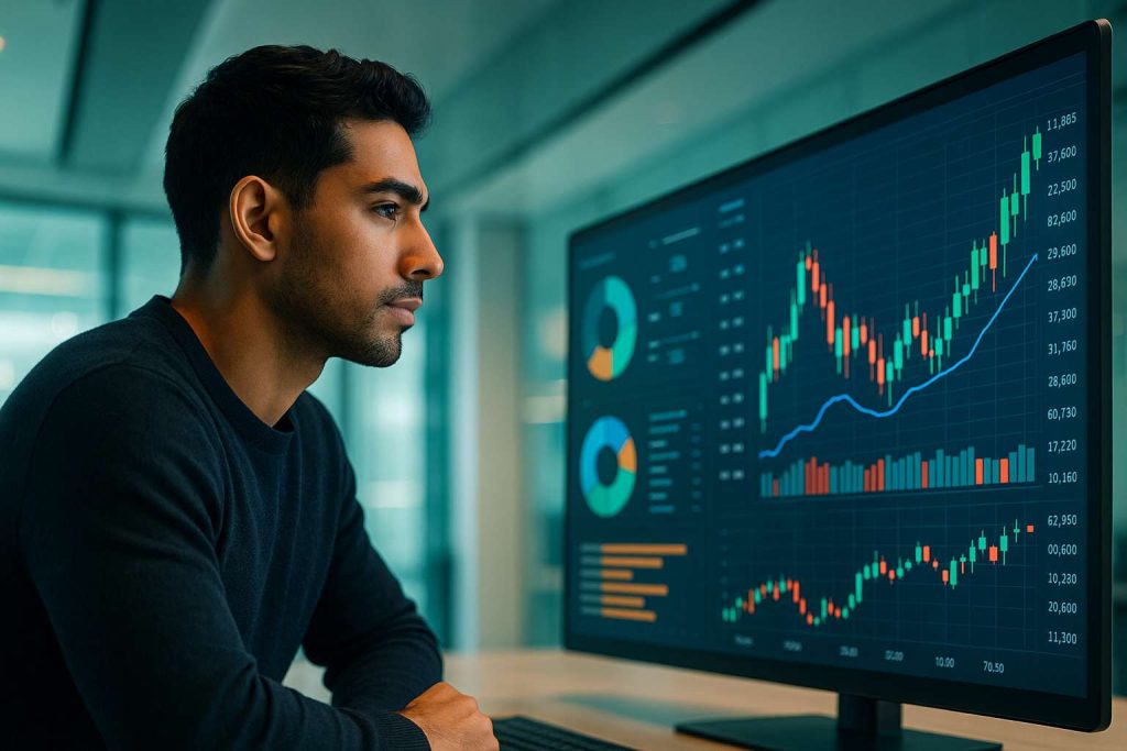 Jovem adulto em um ambiente moderno e iluminado observa atentamente uma tela digital com gráficos financeiros, transmitindo inovação e oportunidades em estilo realista minimalista.
