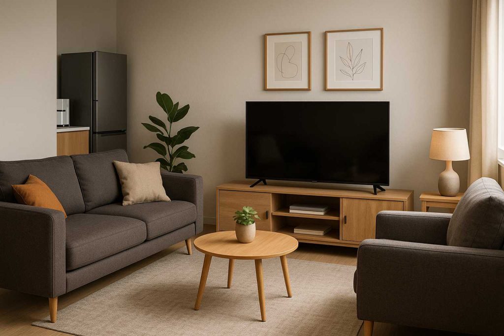 Sala de estar moderna e aconchegante, com sofá cinza, mesa de centro de madeira, televisão grande e eletrodomésticos discretos ao fundo, iluminada por luz natural suave.
