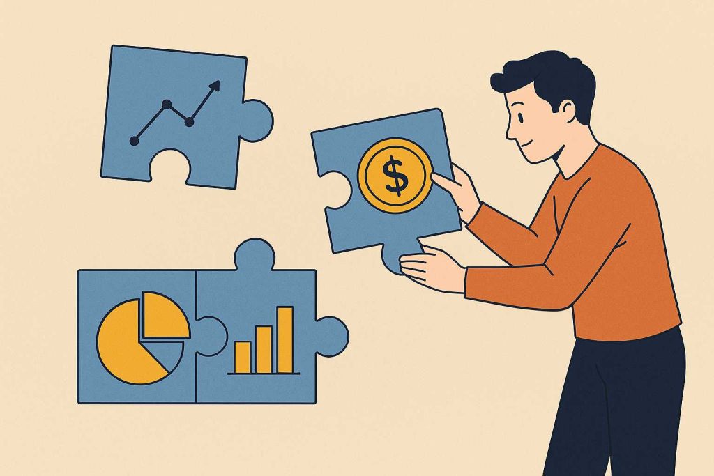 Ilustração minimalista de uma pessoa encaixando peças de quebra-cabeça em formato de gráficos e moedas, simbolizando organização financeira de forma criativa.