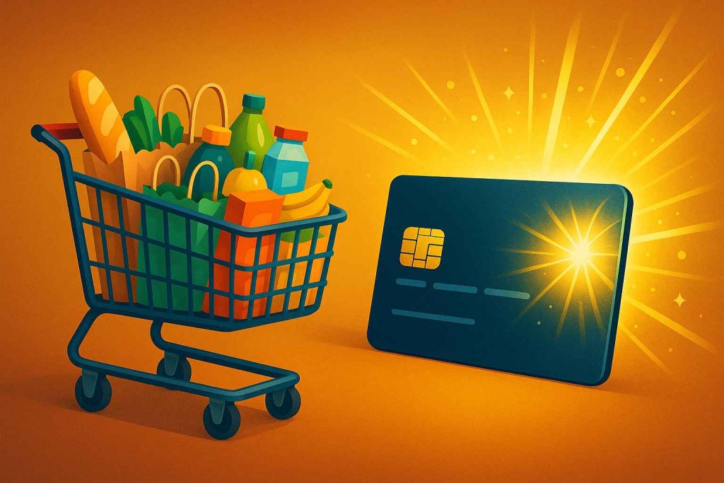 Carrinho de compras com cartão iluminado simbolizando retorno financeiro no consumo diário.