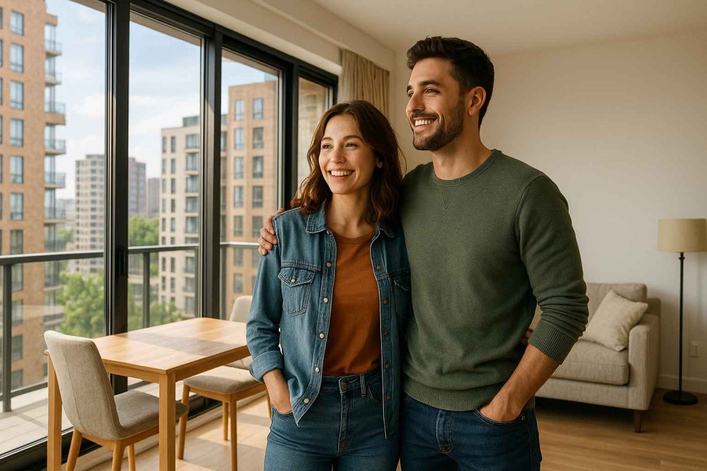 Casal jovem sorridente visitando um apartamento moderno, iluminado pela luz natural, com vista urbana pelas janelas amplas.