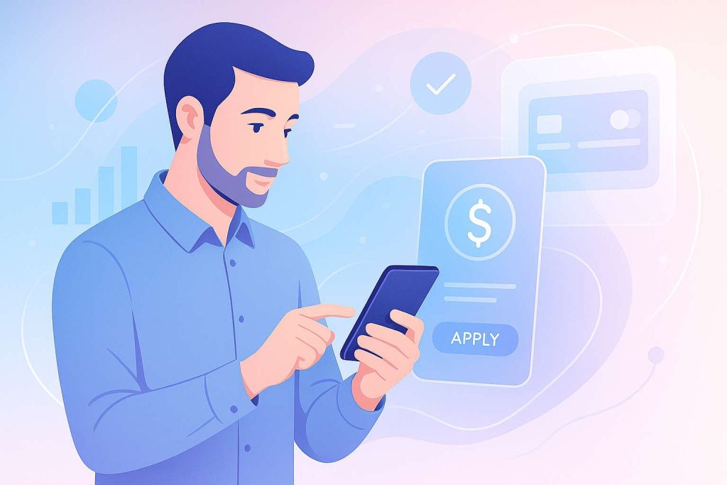 Ilustração minimalista futurista de um trabalhador acessando aplicativo no celular para solicitar crédito, com ícones digitais e elementos tecnológicos suaves em tons luminosos.