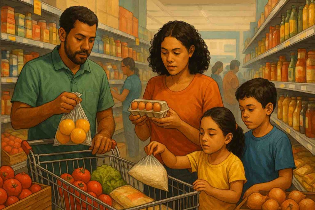 Família brasileira em um mercado popular, escolhendo alimentos simples com atenção aos preços, cercada por prateleiras cheias em ambiente urbano cotidiano.