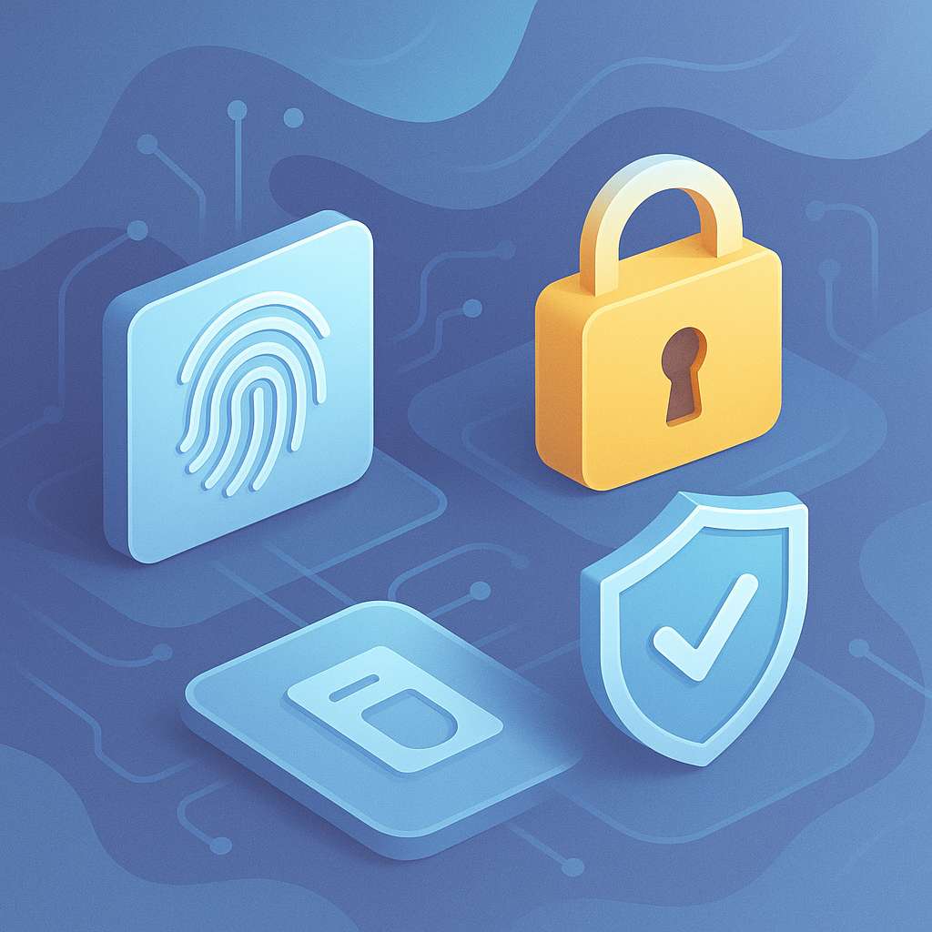 Ilustração isométrica criativa de segurança digital no setor financeiro, com cadeado amarelo, biometria e escudo de autenticação em ambiente tecnológico abstrato em tons equilibrados.