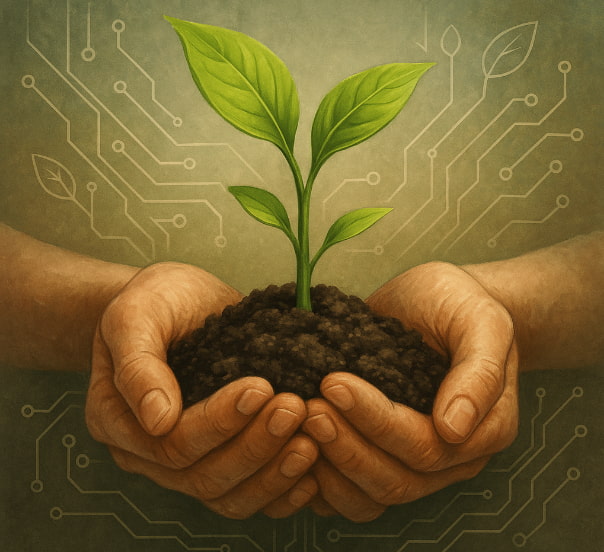 Mãos humanas segurando muda verde em solo fértil, com circuitos tecnológicos sutis ao fundo, simbolizando inovação sustentável.