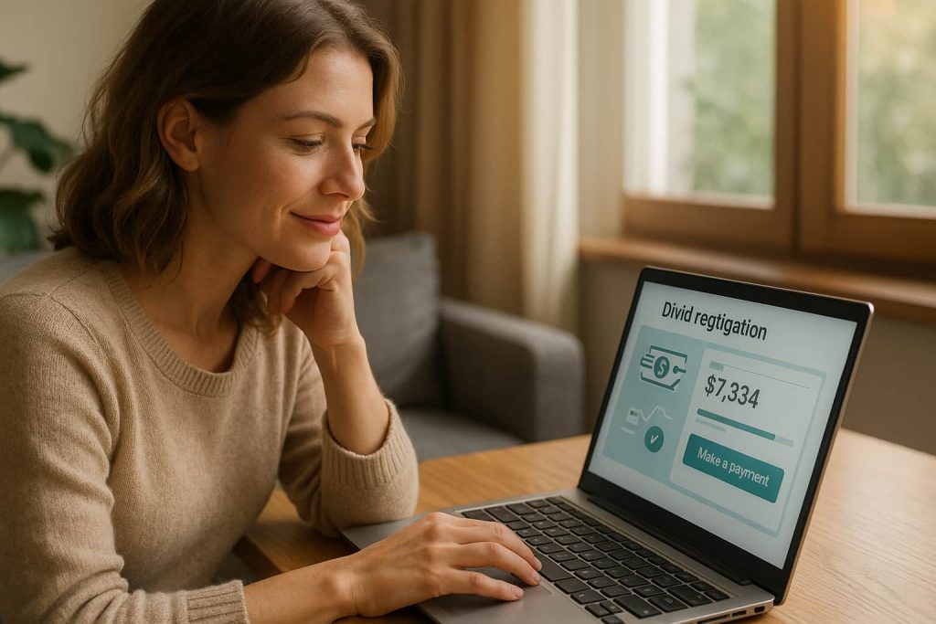 Mulher jovem usando notebook em um ambiente doméstico iluminado, negociando dívidas online com expressão de alívio.