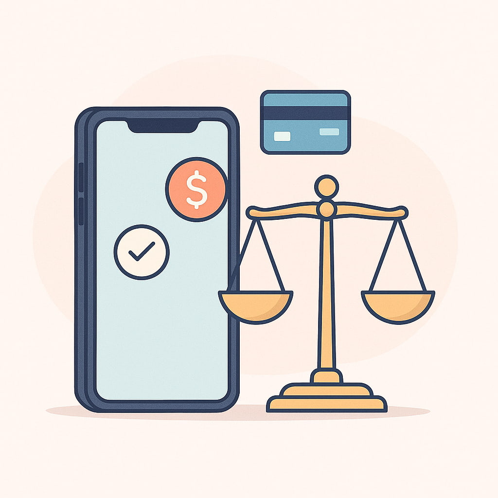 Ilustração minimalista mostrando smartphone, ícone de pagamento e balança equilibrada em tons suaves, representando equilíbrio financeiro digital.