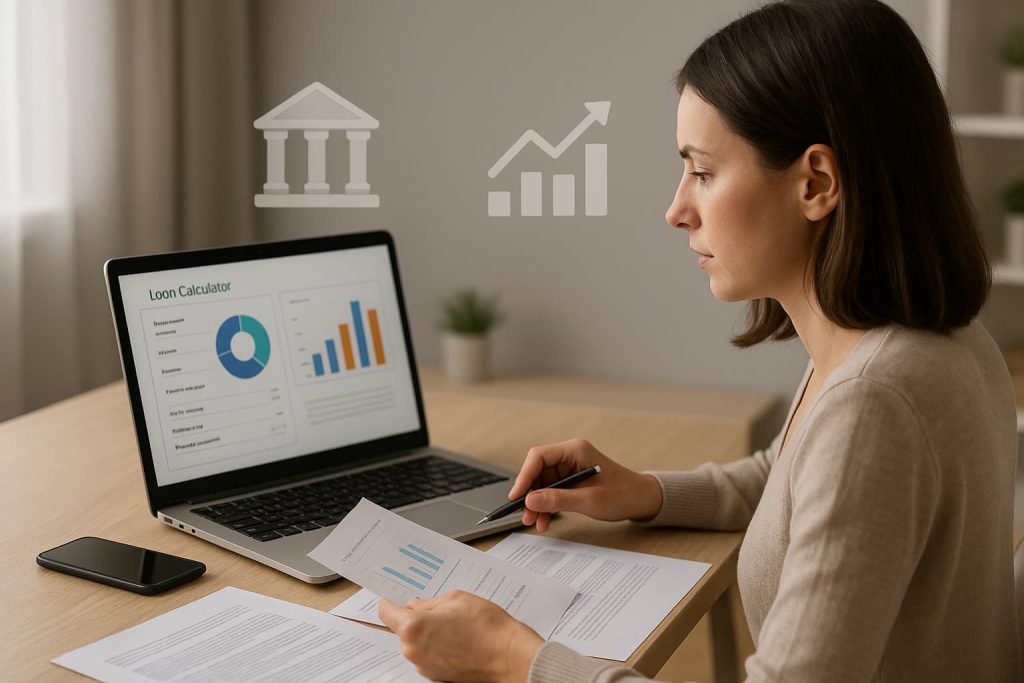 mulher analisando gráficos e simuladores de crédito em um notebook, com ícones de bancos e gráficos flutuando ao fundo em ambiente moderno de escritório doméstico.