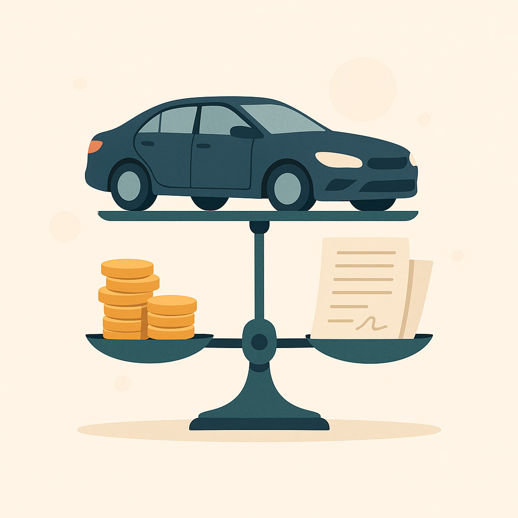 ilustração minimalista de um carro sobre uma balança equilibrando moedas e papéis de contrato, representando uma decisão financeira equilibrada.