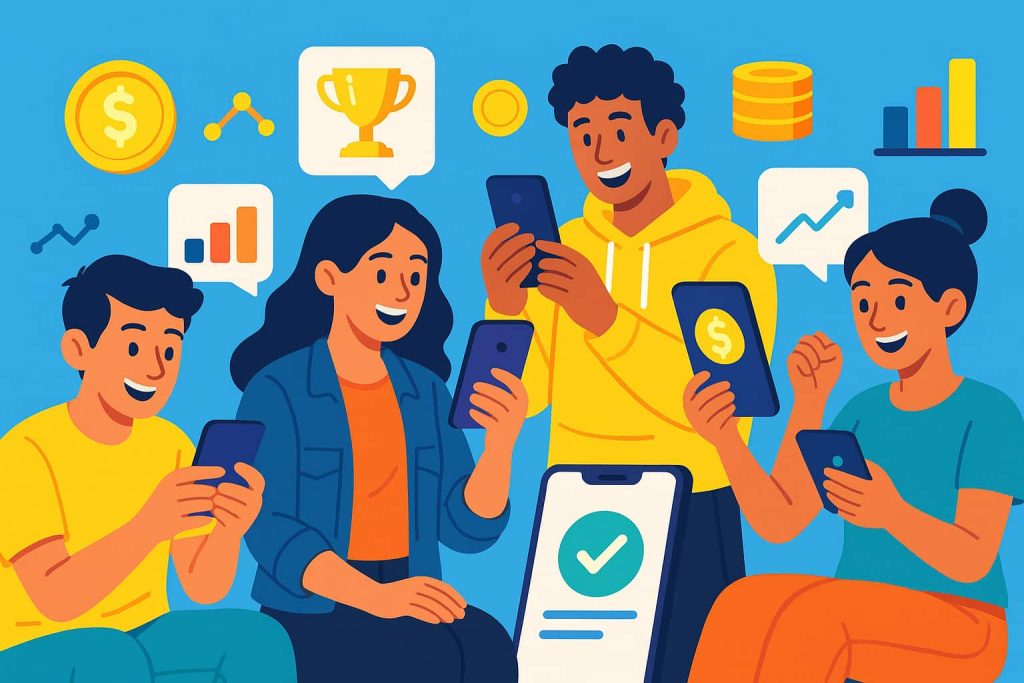 Ilustração digital mostrando jovens sorridentes interagindo com aplicativos de finanças em seus celulares, cercados por ícones de moedas, gráficos e troféus, em estilo moderno e colorido.