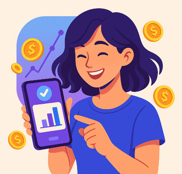 Pessoa sorridente olhando para o celular após completar uma missão financeira em um aplicativo, cercada por ícones flutuantes de moedas e gráficos minimalistas em cores vivas.