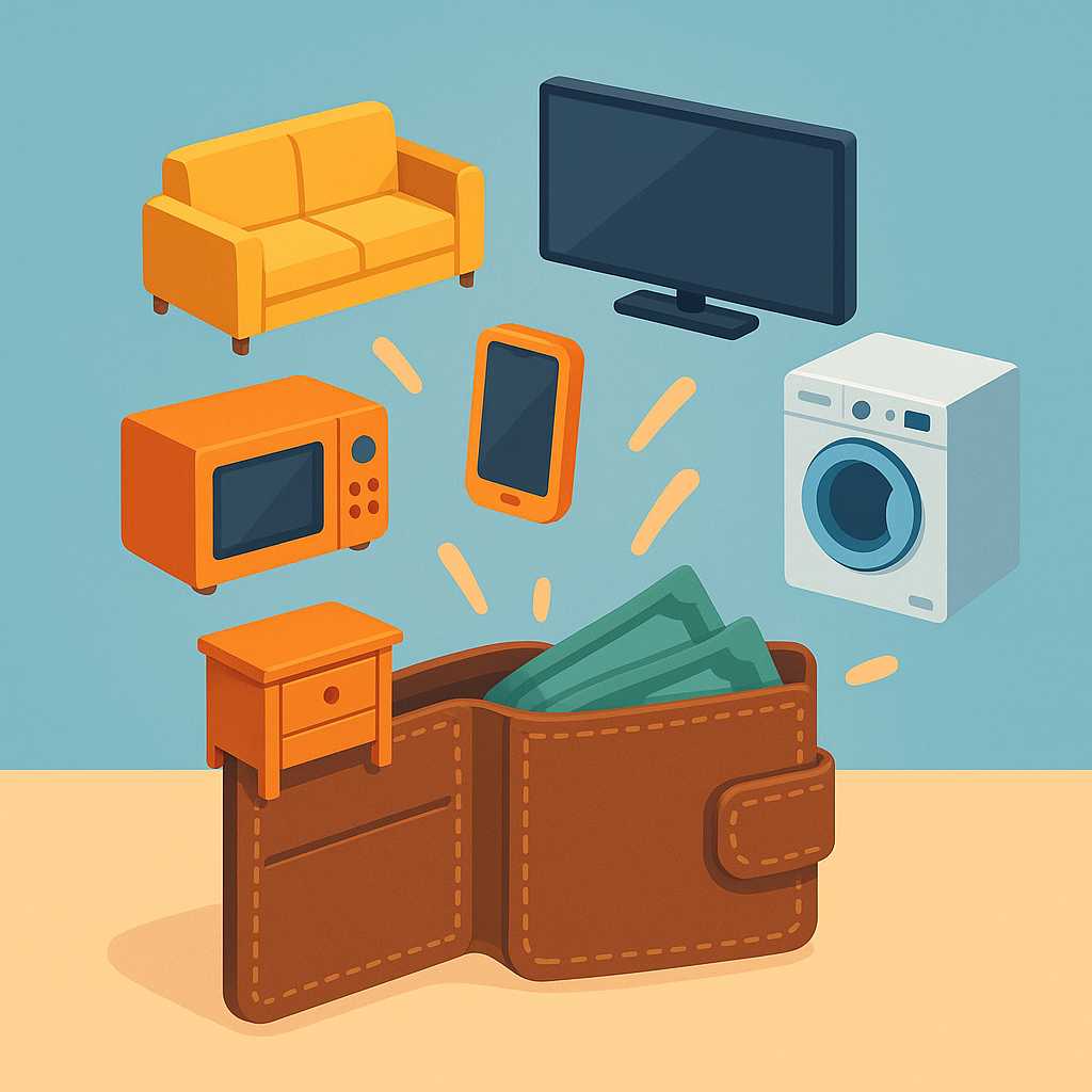 Ilustração moderna em formato quadrado mostrando uma carteira aberta sobre a mesa, de onde saem ícones 3D coloridos de móveis, eletrônicos e eletrodomésticos, flutuando como ideias de compras.