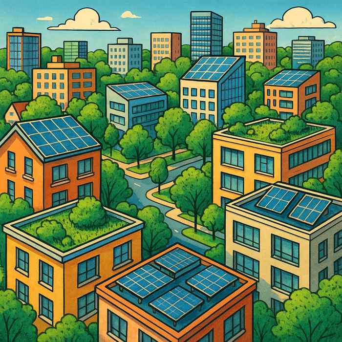 Vista aérea ilustrada de uma cidade com prédios residenciais e comerciais com telhados verdes, painéis solares e áreas arborizadas, em estilo vibrante e otimista.
