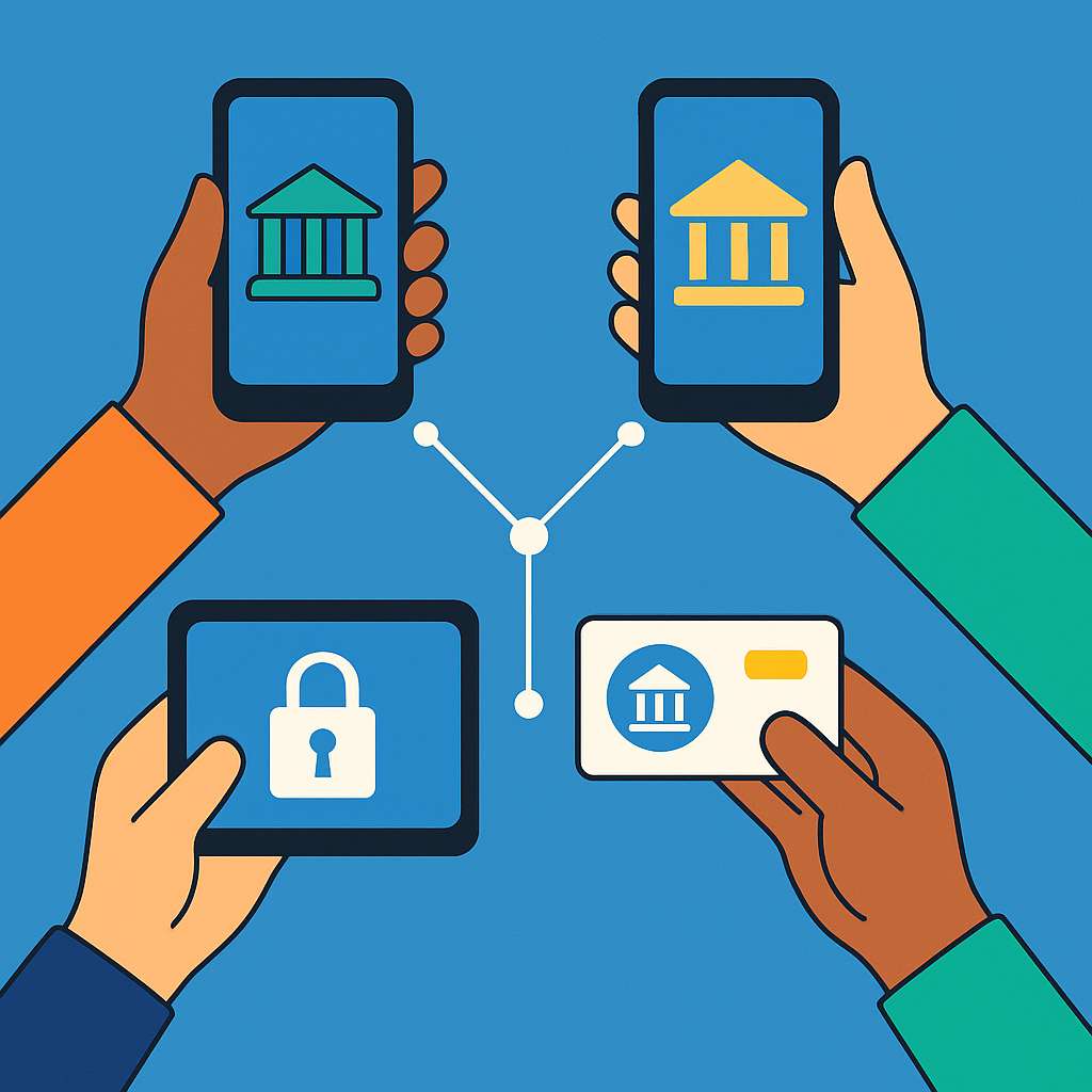 Arte minimalista em flat design mostrando mãos segurando dispositivos com ícones de bancos interligados, simbolizando compartilhamento seguro de dados financeiros e acesso facilitado a crédito.