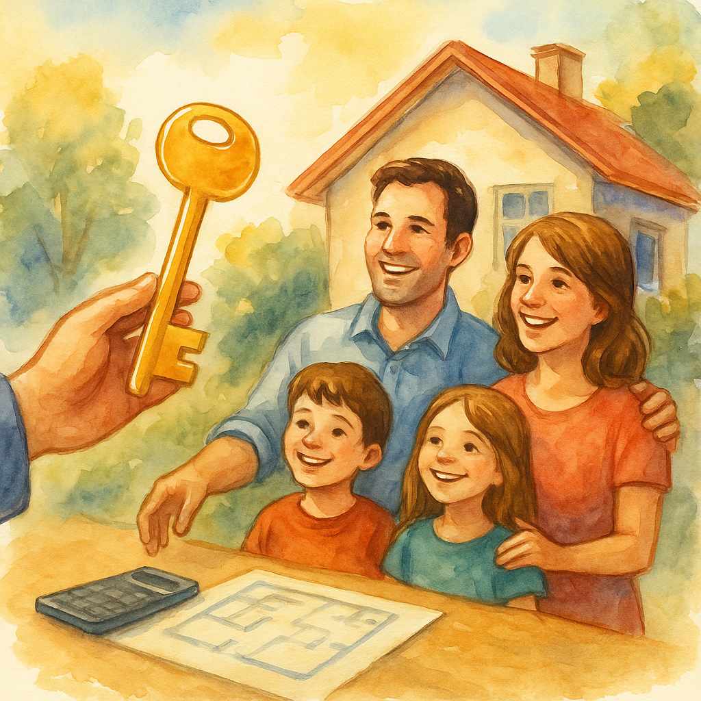 Ilustração em aquarela mostrando uma chave dourada sendo entregue a uma família sorridente diante de uma casa recém-comprada, em atmosfera acolhedora e otimista.