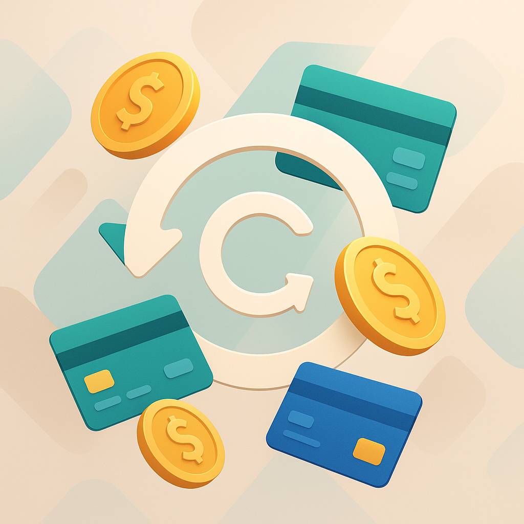 Ilustração digital de moedas douradas e cartões flutuando em torno de um símbolo circular de retorno, sobre fundo abstrato com formas geométricas suaves, representando benefícios e movimento de dinheiro em estilo elegante e contemporâneo.