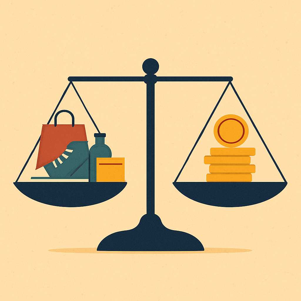 Ilustração minimalista de uma balança equilibrada, com itens de consumo de um lado e uma pilha de moedas do outro, representando harmonia no orçamento.