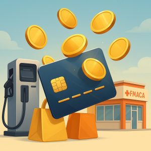 Cartão cercado por moedas douradas, com bomba de combustível e farmácia estilizada ao fundo, simbolizando praticidade e retorno.