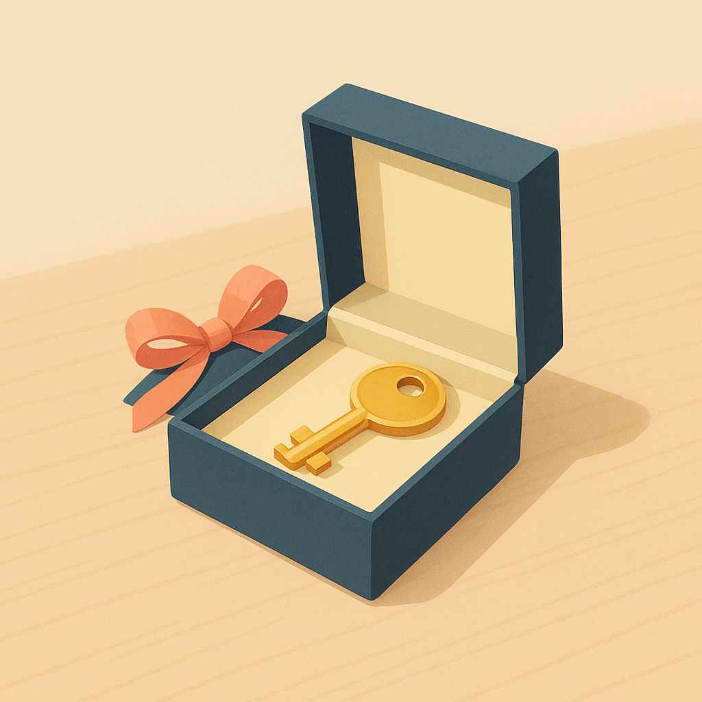 Ilustração minimalista de uma chave dourada dentro de uma pequena caixa de presente aberta sobre uma mesa de madeira clara, simbolizando a conquista da primeira casa.