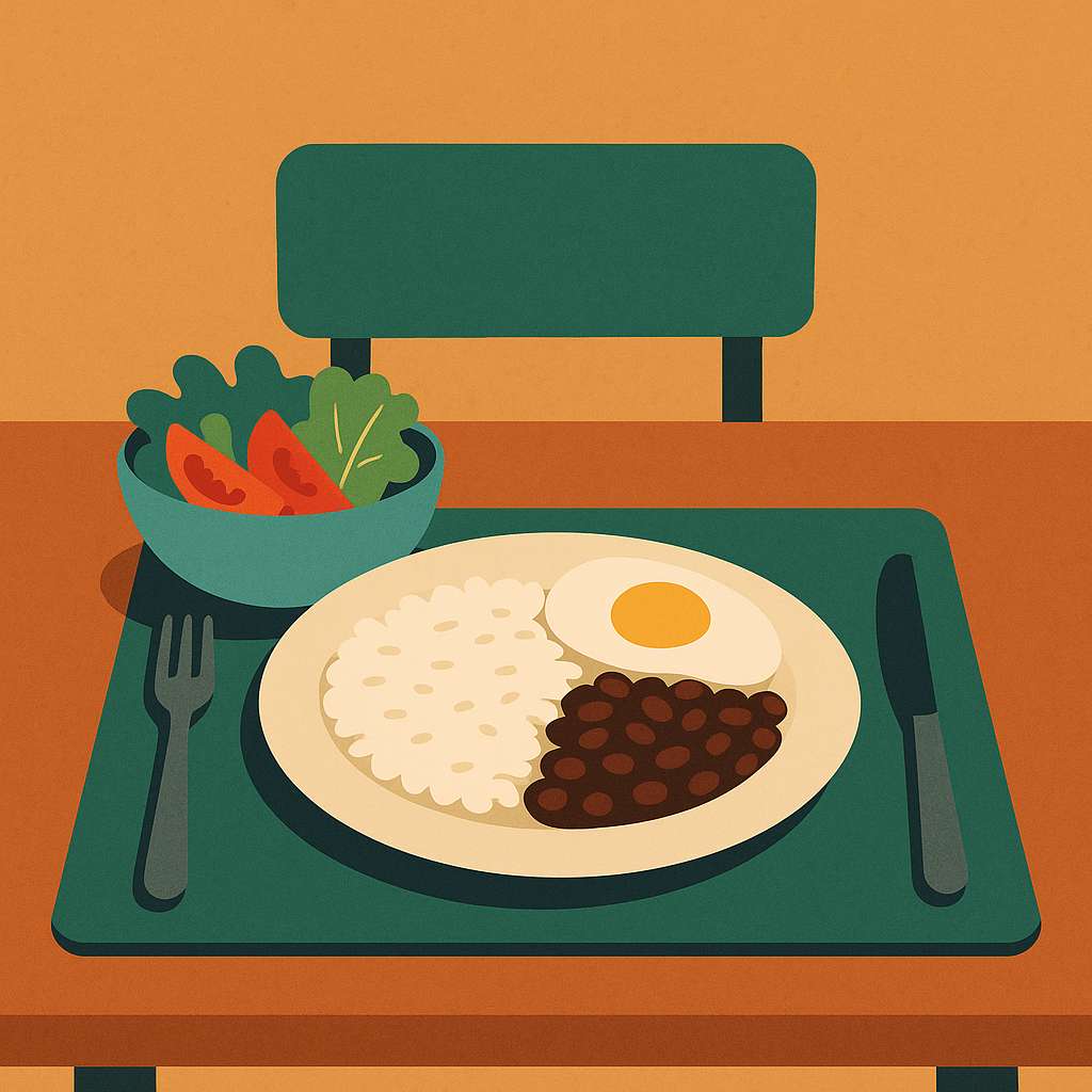 Mesa de jantar minimalista com prato simples de arroz, feijão, ovo e salada, em estilo contemporâneo com cores vivas e equilibradas.