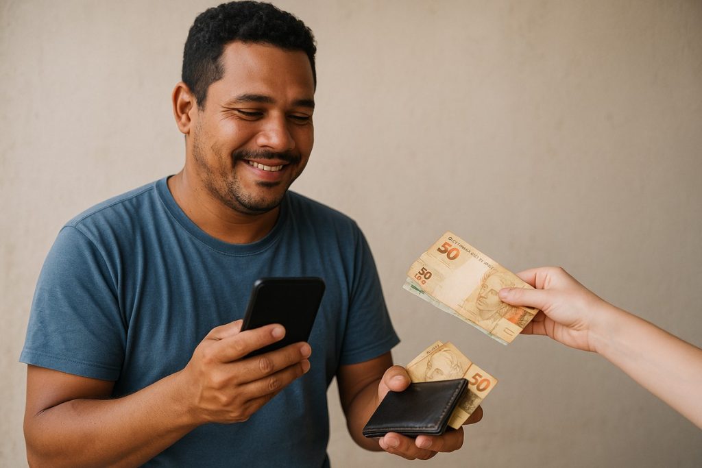 A imagem mostra um homem brasileiro sorrindo enquanto segura um celular e recebe notas de 50 reais de outra pessoa. A cena transmite a ideia de uma transação simples e informal, sugerindo acesso a recursos financeiros — como um empréstimo — de forma prática e direta. O fundo neutro mantém o foco na interação entre as mãos, o dinheiro e o celular.