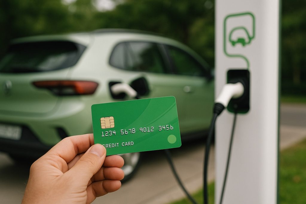 A imagem mostra uma mão segurando um cartão de crédito verde em primeiro plano, enquanto ao fundo aparece um carro elétrico conectado a uma estação de recarga. O cenário é externo, com vegetação ao redor, e a cena destaca a relação entre meios de pagamento e mobilidade elétrica de forma clara e realista.