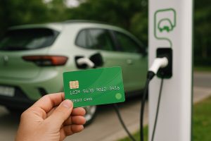 A imagem mostra uma mão segurando um cartão de crédito verde em primeiro plano, enquanto ao fundo aparece um carro elétrico conectado a uma estação de recarga. O cenário é externo, com vegetação ao redor, e a cena destaca a relação entre meios de pagamento e mobilidade elétrica de forma clara e realista.