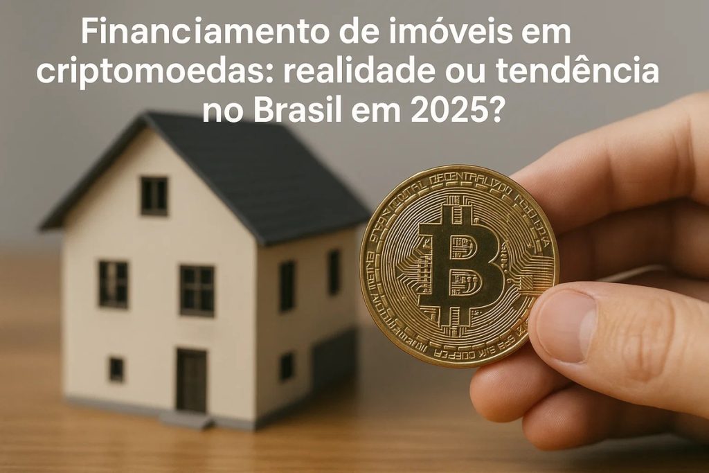 Uma mão segurando uma moeda física de Bitcoin em primeiro plano, posicionada ao lado de uma maquete de casa sobre uma superfície de madeira. A imagem simboliza a relação entre criptomoedas e financiamento imobiliário, destacando a possibilidade de utilizar ativos digitais em negociações para compra de imóveis no Brasil.