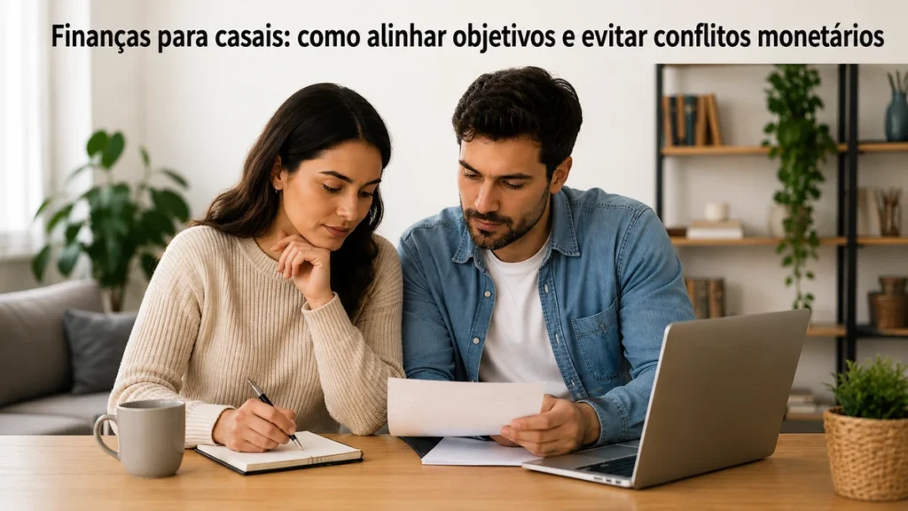 Casal analisando documentos financeiros em um ambiente moderno e minimalista, sentado à mesa com notebook e bloco de anotações, representando planejamento financeiro em conjunto e organização de finanças para casais no Brasil. O título “Finanças para casais: como alinhar objetivos e evitar conflitos monetários” aparece no topo da imagem, em um cenário iluminado com decoração clean e atmosfera profissional.