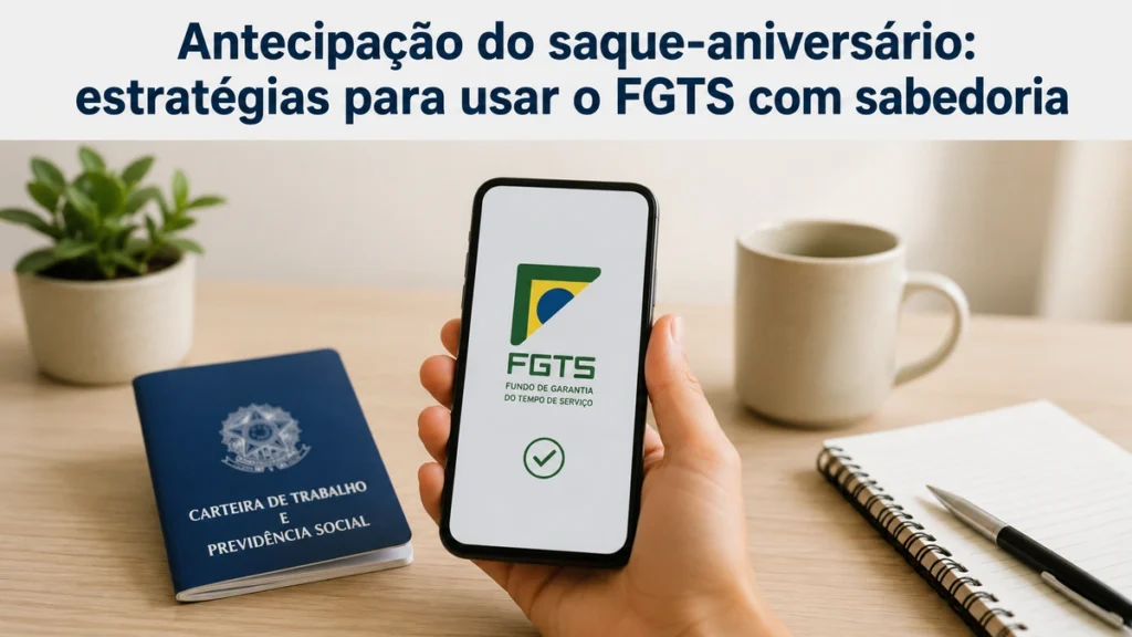 Imagem realista e minimalista sobre empréstimo com antecipação do saque-aniversário do FGTS. A cena mostra uma mesa de trabalho organizada com iluminação suave, um celular exibindo o aplicativo do FGTS em destaque, uma carteira de trabalho brasileira azul ao lado, um caderno com caneta e uma caneca ao fundo. No topo da imagem aparece o título “Antecipação do saque-aniversário: estratégias para usar o FGTS com sabedoria”, em letras grandes e bem definidas. A composição transmite planejamento financeiro, organização e uso consciente do FGTS no Brasil.
