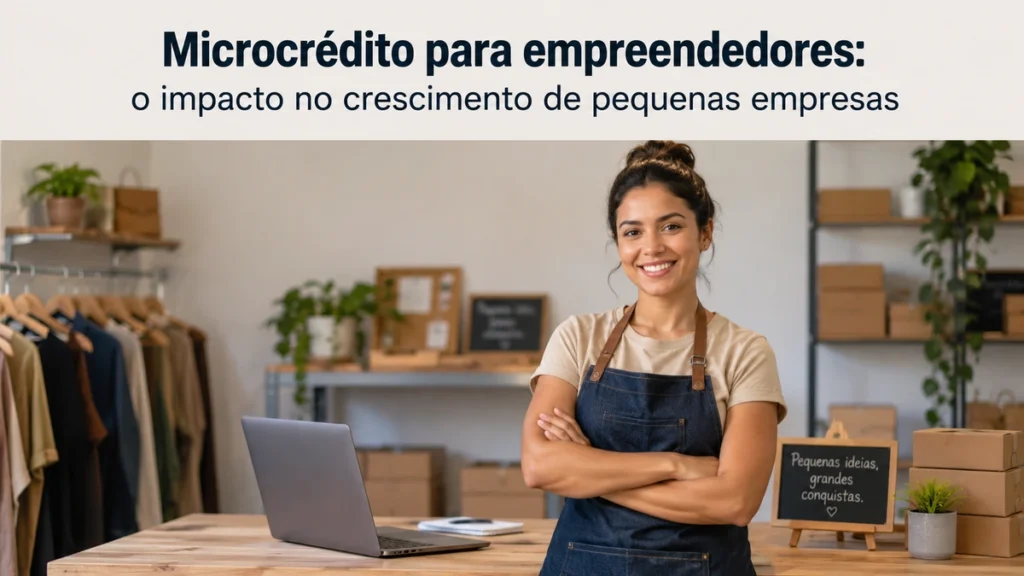 Empreendedora brasileira sorrindo em uma pequena loja organizada, com notebook sobre a mesa, caixas de embalagem e produtos ao fundo, representando o impacto do empréstimo e do microcrédito no crescimento de pequenas empresas. No topo da imagem aparece o título “Microcrédito para empreendedores: o impacto no crescimento de pequenas empresas” em destaque, em um ambiente moderno, minimalista e profissional.